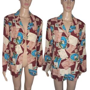 Maggie Sweet vintage retro button down light weight post card prin blazer.